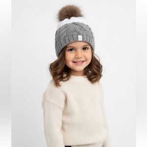 Cute Grey & White Pom Pom Winter Hat